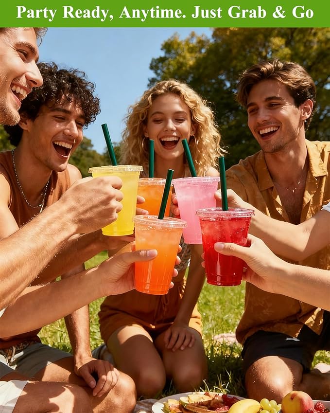 Goodluck 100 Pack 16oz Plastic Cups with Lids and Green Straws, Clear Disposable Iced Coffee Cups, Food Safe Cold Drink Cups for Bubble Tea, Smoothies & Shakes, BPA Free