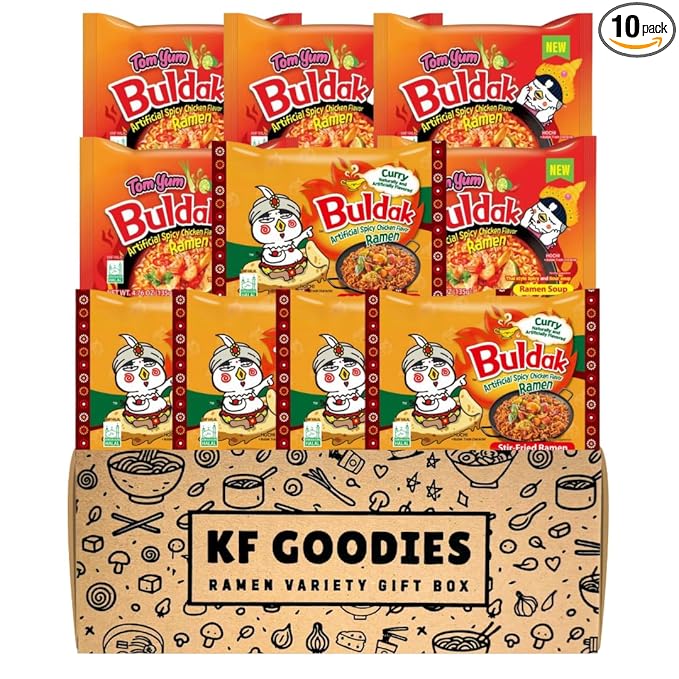 KF GOODIES Korean Ramen Variety Pack Gift Box (10 Count) - Spicy Buldak Noodle Assortment for Birthdays, College Care Packages, Office Snacks and Gift Baskets