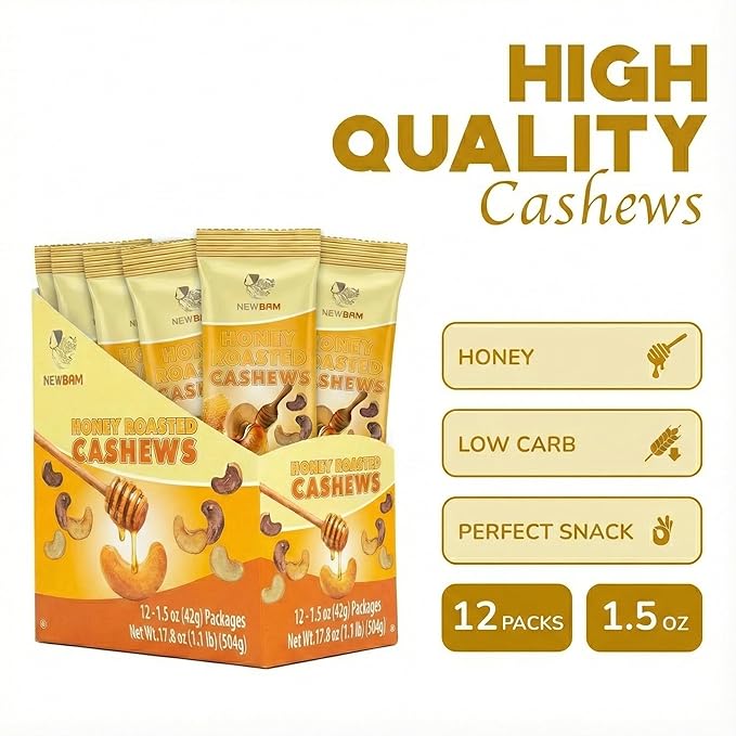 NEWBAM Honey Roasted Cashews – 12 Individual Snack Packs (1.5oz Each) – Sweet Crunchy Nuts, Healthy On-the-Go Protein Snack – Gluten-Free, Made in Vietnam