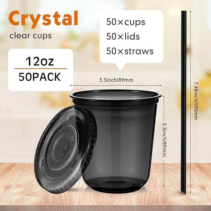 Ziliny 50 Sets Clear Plastic Cups with Lids and Straws, Disposable Iced Coffee Cups Drinking PET for Cold Drinks, Juice, Smoothie, Coffee Shops, Party, Christmas (Black,12 oz)
