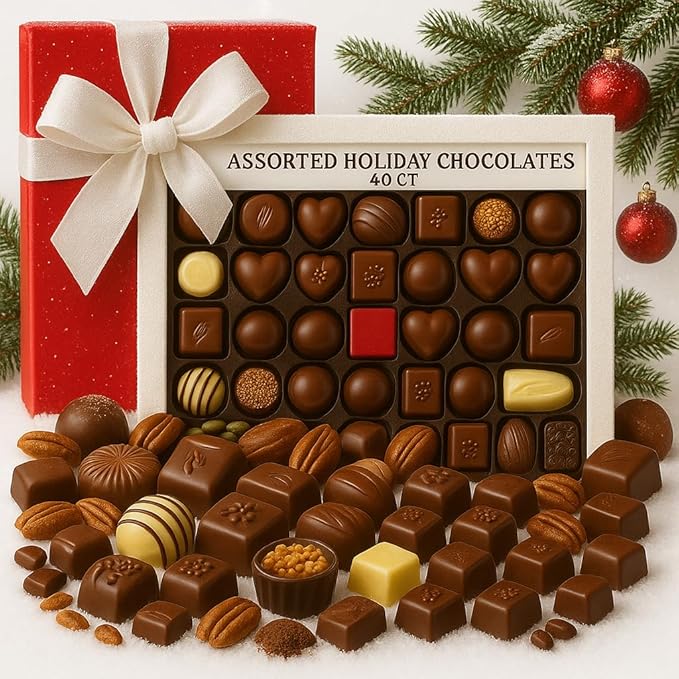 Belgian Luxury Chocolate Gift Box 46 Handcrafted Pieces | Gourmet Assortment of Milk, Dark & White Pralines with Hazelnut, Caramel & Ganache Filling | Made With Sustainable Cocoa