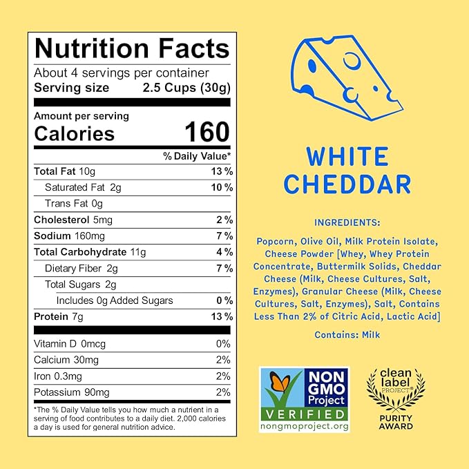 Khloud Protein Popcorn - White Cheddar - 7g Protein Snacks for Adults & Kids - Flavored Popcorn Made with Real Ingredients & Milk Protein Isolate - Non-GMO, Gluten-Free, Kosher - 4oz, 12pk