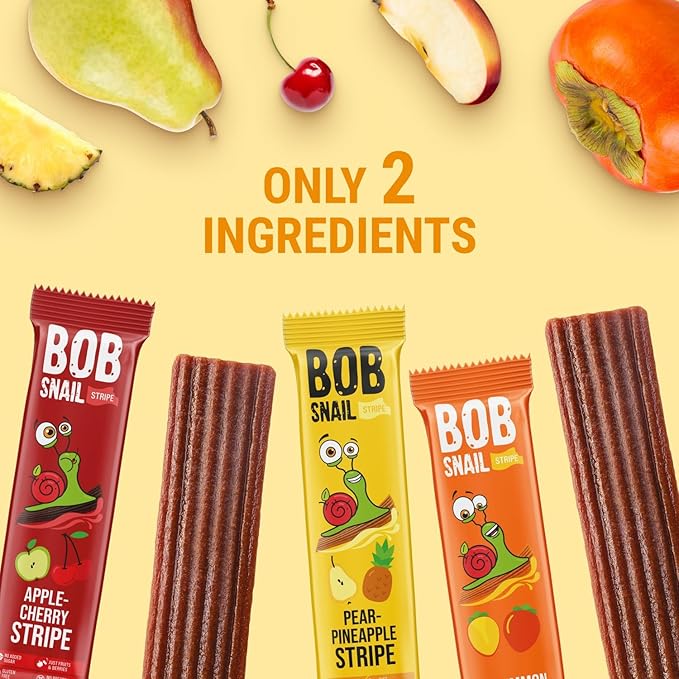 BOB SNAIL Healthy Fruit Snacks for Kids and Adults – 30 Fruit Leather Snacks with Persimmon, Pear-Pineapple,Cherry – Vegan Low-Carb Variety Pack Strips for Kids – Sugar Free Jerky Bars