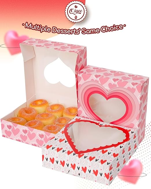 qiqee Auto-pop Up Valentine Pastry Box With Window 8x8x2.5 inch Donut Pie Boxes 12pcs Bakery Box for Valentine''s Day