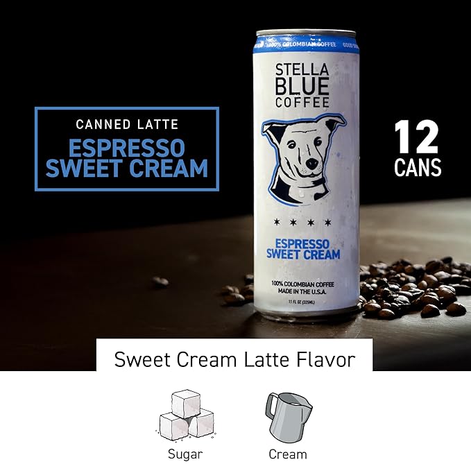 Stella Blue Espresso Sweet Cream Latte Cans, Ready-to-Drink Coffee Energy Beverage, 100% Colombian Coffee, 190mg Natural Caffeine, Gluten Free & Good Source of Protein, 11oz Can, 12 Pack