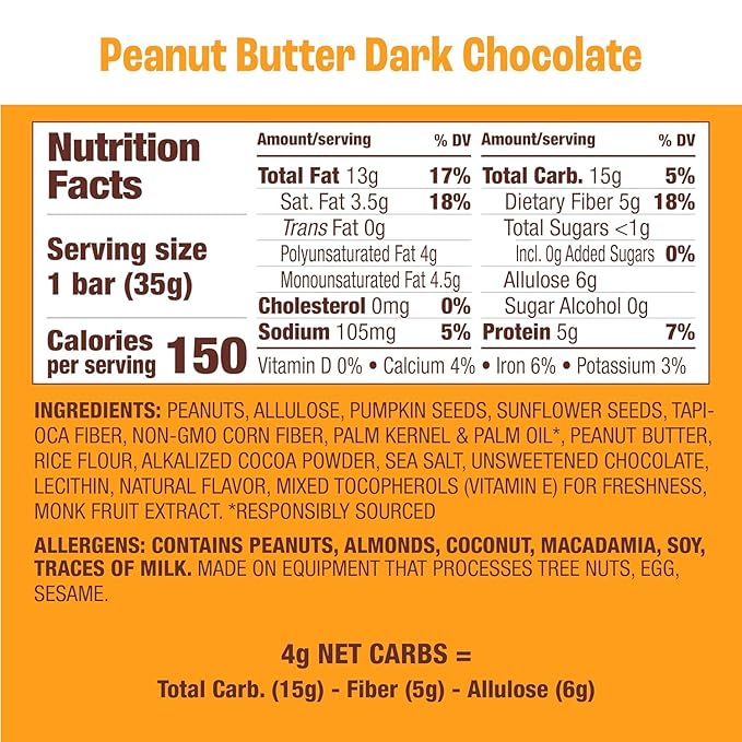 Munk Pack Peanut Butter Dark Chocolate Nut & Seed Snack Bars | 5g Protein, 1g Sugar, 3g Net Carbs | Plant-Based, Low Sugar, Gluten-Free Snacks | 24 Count (4.92 oz)