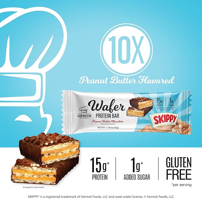 Genius Gourmet SKIPPY® Peanut Butter Chocolate Flavored Wafer Protein Bars,15g Protein per serving (30% DV), 1g Sugar, Chocolatey Snack Bar – 10 Count
