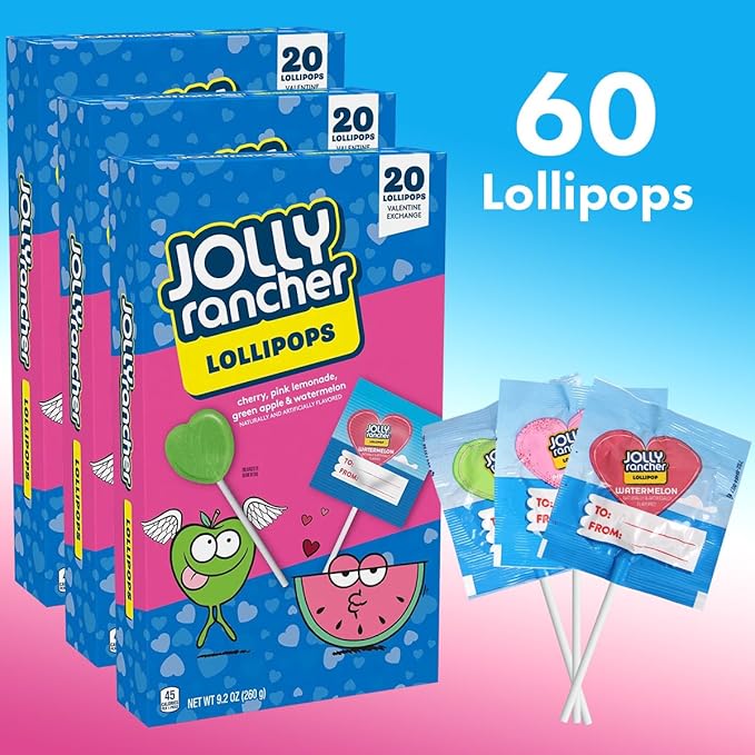 Heart Shaped Lollipops Assorted Fruity Flavors - Individually Wrapped JollyRanchar Lollipops Suckers Bulk in Sealed Bags for Friends, Kids, Party Favors (60 Count)