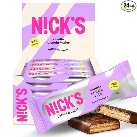 NICKS Protein Vanilla Wafer Bar | 25% Protein (10g) 203 Calories | Low Carb Vanilla Cookie Bar Snack with No Added Sugar, Gluten Free (24 bars x 40g)