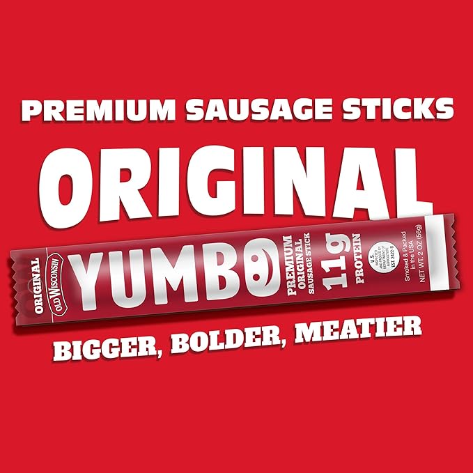 Old Wisconsin Yumbo Summer Sausage Snack Sticks, Ready to Eat, High Protein, Low Carb, Keto, Gluten Free, 20 Individually Wrapped 2oz Sticks, Original Flavor