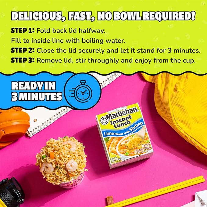 Maruchan Instant Lunch Ramen Noodles, Lime Flavor with Shrimp – Japanese-Style Instant Noodle Soup, Quick & Easy Meal – 2.25 Oz Cup, Pack of 12