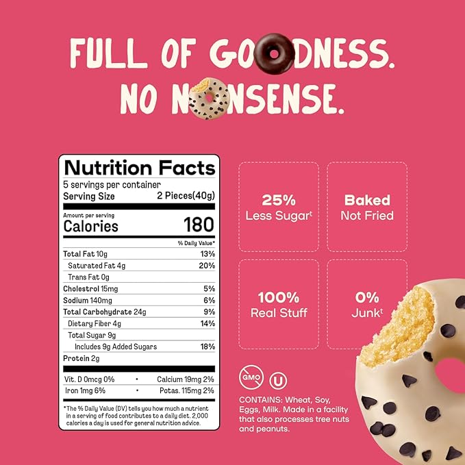 Donutful Chocolate Chip Mini Donuts – Baked Not Fried, Less Sugar, Nothing Artificial, Non-GMO, Individually Wrapped Snack Packs (30 Donuts/Box)