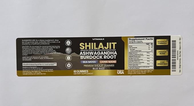 Organic Shilajit Gummies, Sea Moss, Ashwagandha, 105+ Trace Minerals – Organic Burdock Root & Lions Mane Mushroom - Blue Razz – Vegan & Non-GMO – Made in USA – 60ct