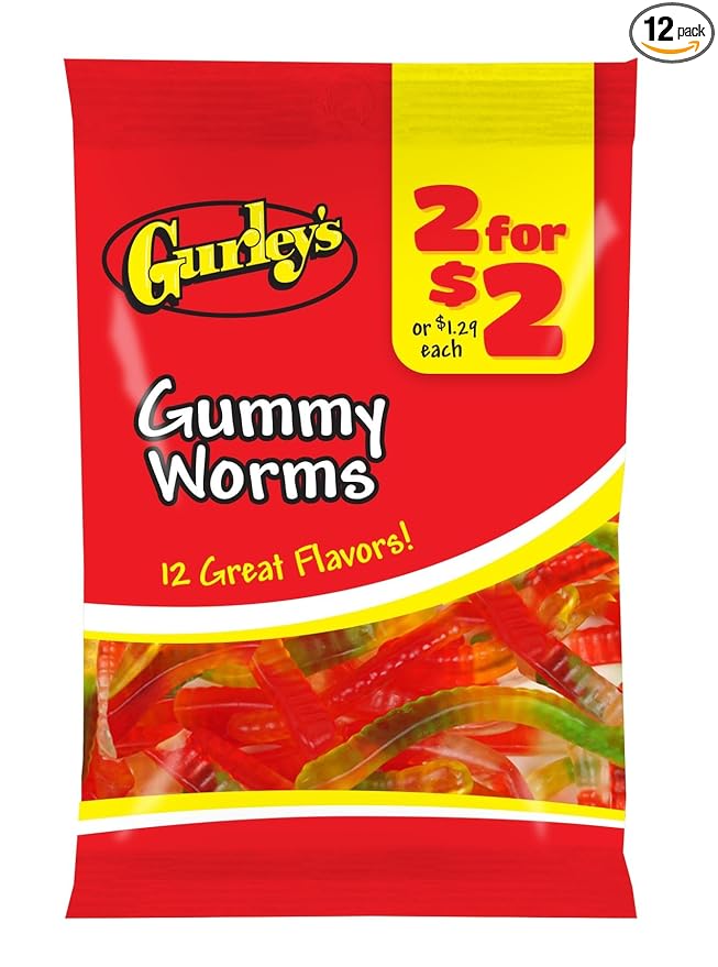 Gurley's Classic Gummi Worms, Multi-Flavored, Soft Chewy Candy (Pack of 12)