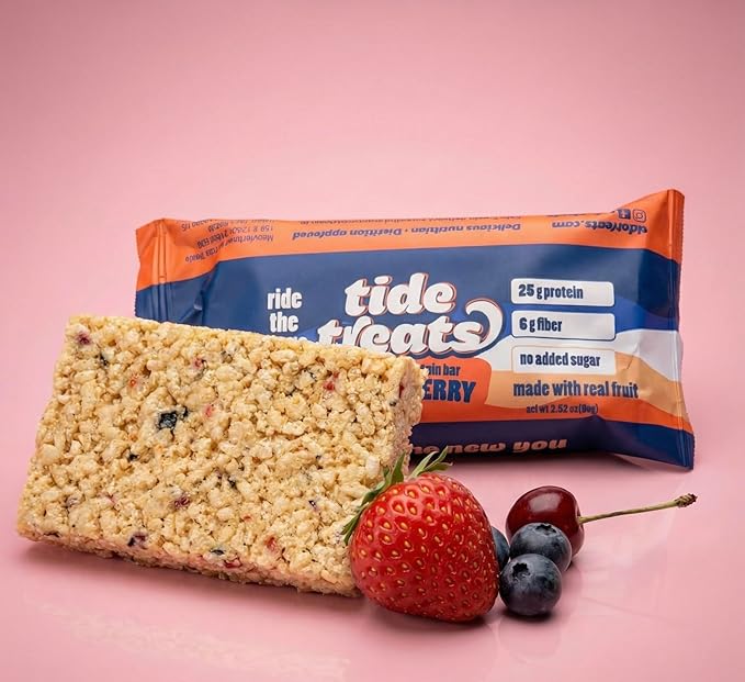 Crispy Rice Protein Treat Bar | 25 g Protein, No Added Sugar, 7 g Fiber, Gluten Free | High Protein Snack for On-the-Go, Post-Workout or Dessert Cravings | 8 Count (Island Berry)