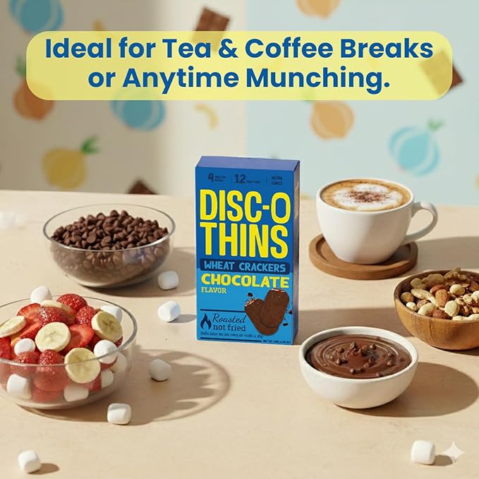 Disc-O Thins Whole Wheat Crackers - Crunchy Roasted Snack, High-Fiber & Low-Fat On-the-go Snack Chips, 72 pcs (Chocolate) - Healthy Family Travel Snack, Non-GMO - Great with Coffee, Tea or Fruit Dips