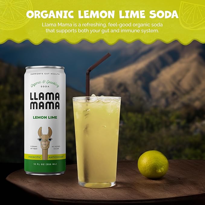 Llama Mama Lemon Lime Organic Sparkling Prebiotic Soda • Gut & Immune Support • High Vitamin C, Antioxidants • NO Sugar • NO Artificial Sweeteners • NO Stevia • Vegan Plant Fiber • 12 Pack