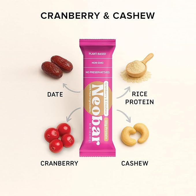 NEOBAR Fruit and Nut Bars - Plant-Based Vegan Snack Bars, Gluten Free Dairy Free Snacks, No Preservatives, No Refined Sugars Added, Non-GMO | Cranberry & Cashew, 10g Protein,12 Count
