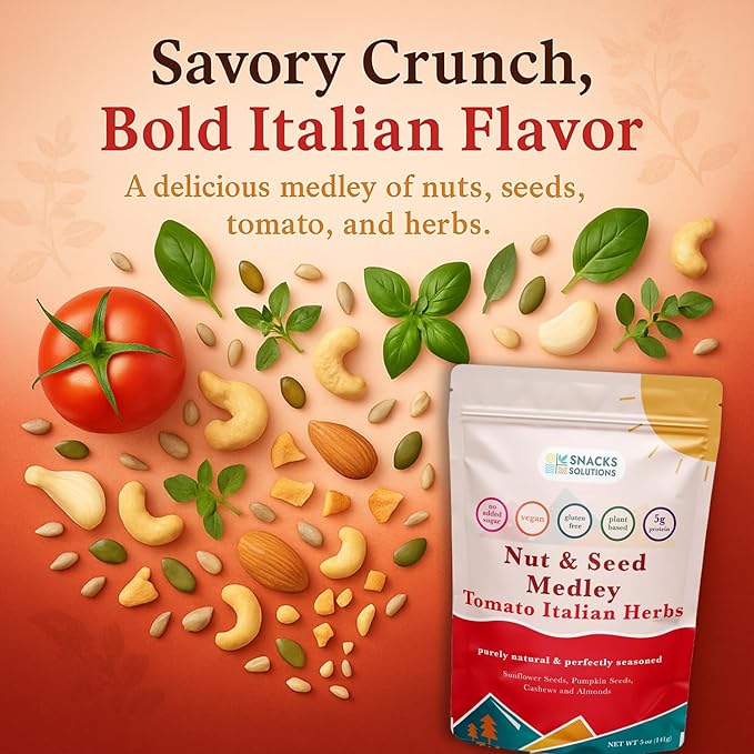 Snacks Solutions Nut and Seed Medley (5 oz -Pack of 6, Tomato Italian Herbs) Natural and Perfectly Seasoned, Sunflower Seeds, Pumpkin seeds, Cashews and Almonds, Kosher and Gluten Free