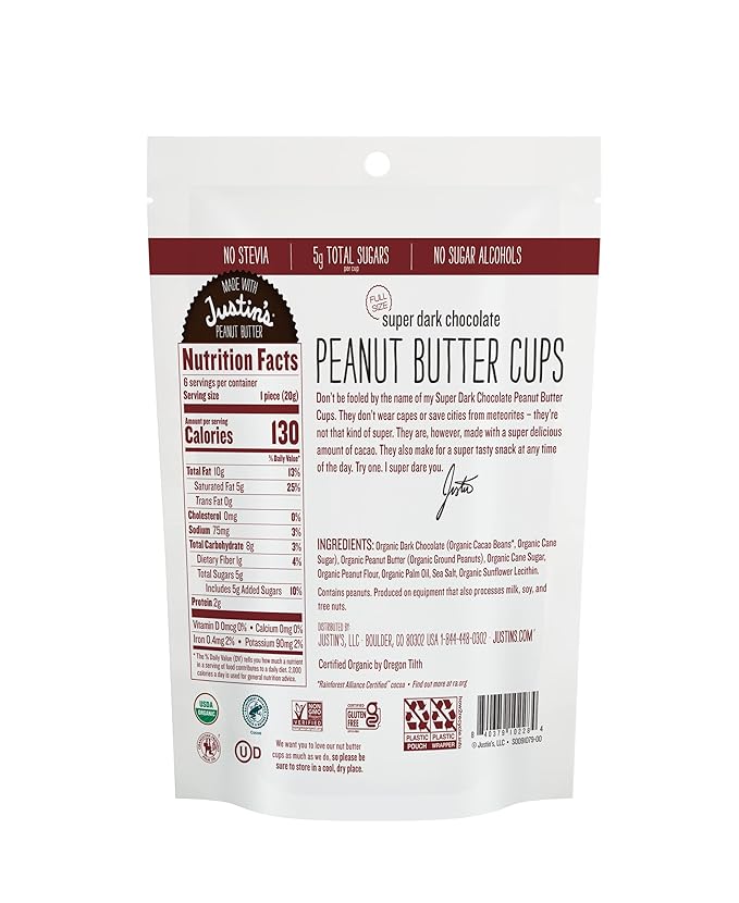 Justin's Super Dark Chocolate Peanut Butter Cups 6pk of 4.2oz bags Organic, Gluten Free, Non-GMO, Responsibly Source, Rainforest Alliance Certified Cocoa