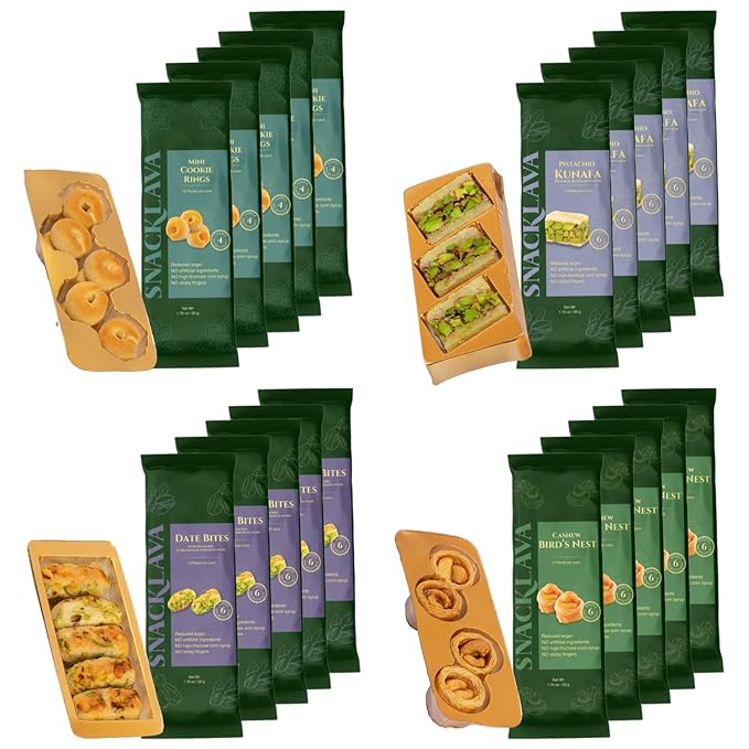 Snacklava Flavorful Variety Pack (110 Pieces) - 5 White Pistachio Kunafa (15 Pieces), 5 Pistachio Date Bites with Cardamom (25 Pieces), 5 Cashew Bird's Nest (20 Pieces), 5 Mini Cookie Rings (50 Pieces) - No Artificial Ingredients, Colors or Preservativ...