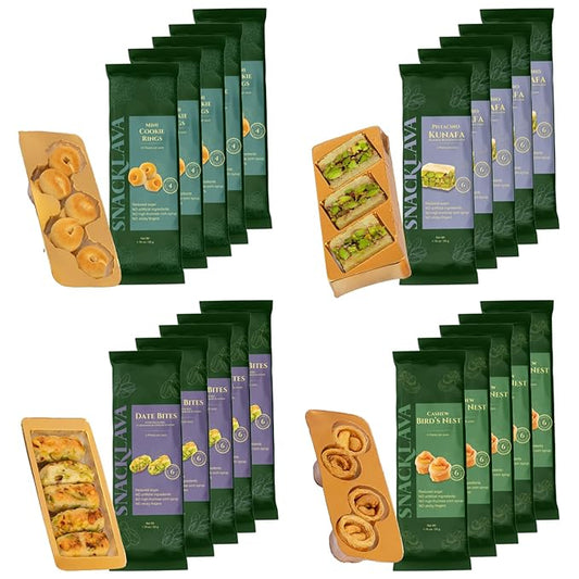 Snacklava Flavorful Variety Pack (110 Pieces) - 5 White Pistachio Kunafa (15 Pieces), 5 Pistachio Date Bites with Cardamom (25 Pieces), 5 Cashew Bird's Nest (20 Pieces), 5 Mini Cookie Rings (50 Pieces) - No Artificial Ingredients, Colors or Preservativ...
