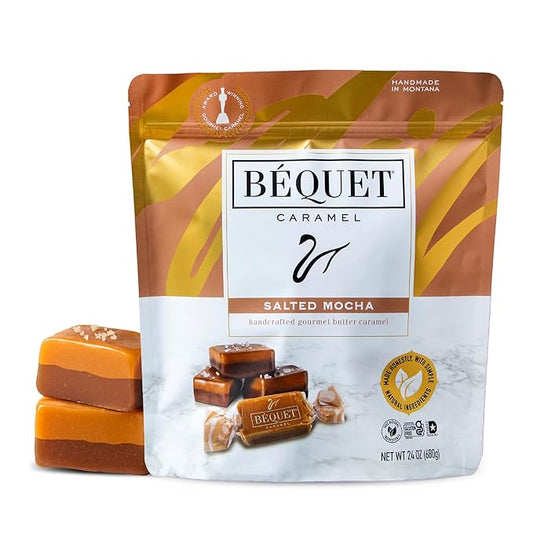 Béquet Caramel - Salted Mocha Gourmet Candy - Coffee Candy Individually Wrapped - Gourmet Sea Salt Caramel - Made in Montana - Kosher (Star-D), and Gluten Free - 24oz Resealable Pouch