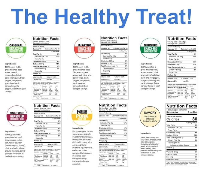 6 Flavor Variety Meat Sticks. No Added Nitrates, Gluten, Soy, MSG, Dairy or Nuts. 4, 100% Grass-fed Beef flavors, 1, Free-Range Turkey Flavor & 1, Natural Pork Flavor (4 of Each, 24-cnt, 1-oz Stick)