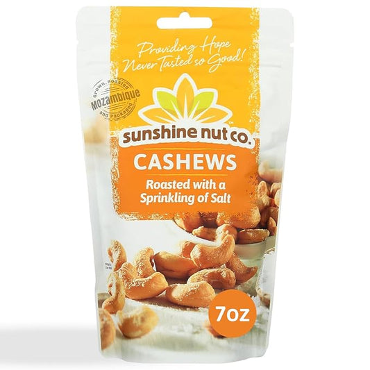Sunshine Nut Company Whole Roasted Lightly Salted Cashews, Sprinkling of Salt Flavor, Single 7 oz. Bag, Gluten Free, Peanut Free and Vegan Individual Snack Packs for Kids and Adults, GMO Free