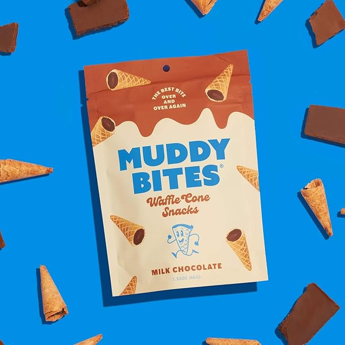 Muddy Bites Waffle Cone Snacks Bite Sized Chocolate Filled Waffle Cones for Snack or Dessert, Ice Cream Topping, Premium Chocolate made with Pure Cane Sugar, Kosher (Milk Chocolate, 5 Bags)