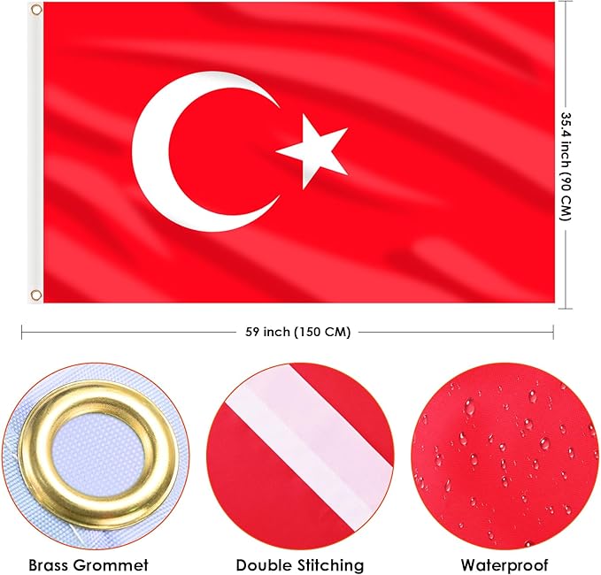 AhfuLife Turkey Flag 3x5 Ft, Large Turkey National Flags for Outside - Double Side with Brass Eyelets for Olympic Party Decorations, Bar Garden Street Decoration Indoor Outdoor