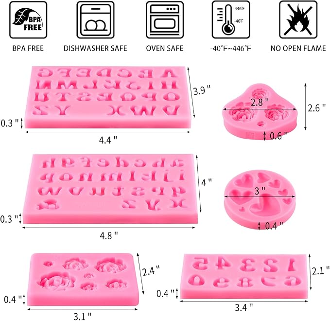 CLUEWR 6 PCS Silicone Letter Molds, Non-Stick Number Alphabet Heart Rose Flower Fondant Molds for Chocolate, Candy, Cake Decoration, Cupcake Topper