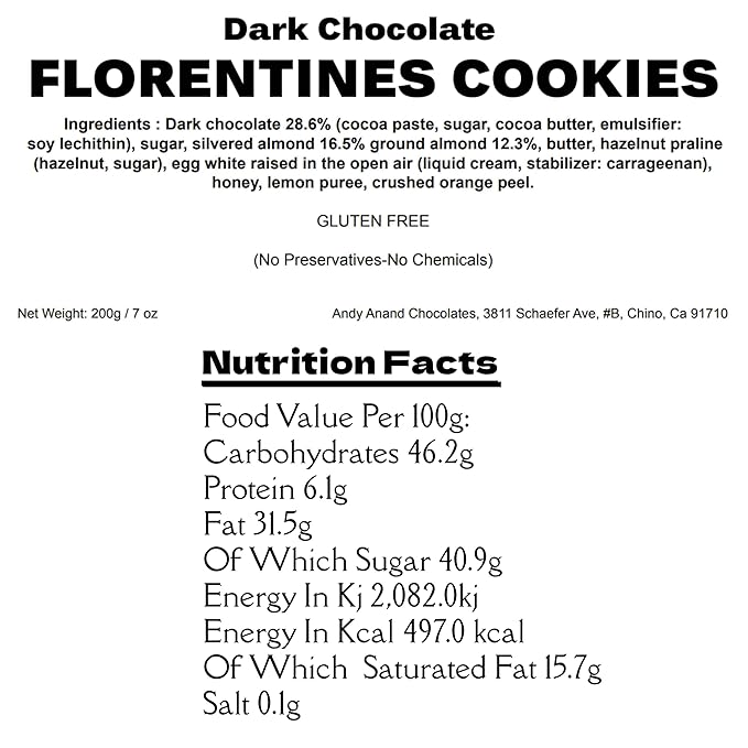 Andy Anand Dark Chocolate Florentines 24 pcs Orange and Almonds Cookies, Wafer Thin, Flown in from Italy, Made in Authentic Traditional Italian way, Taste in Every Bite (7.0 oz)