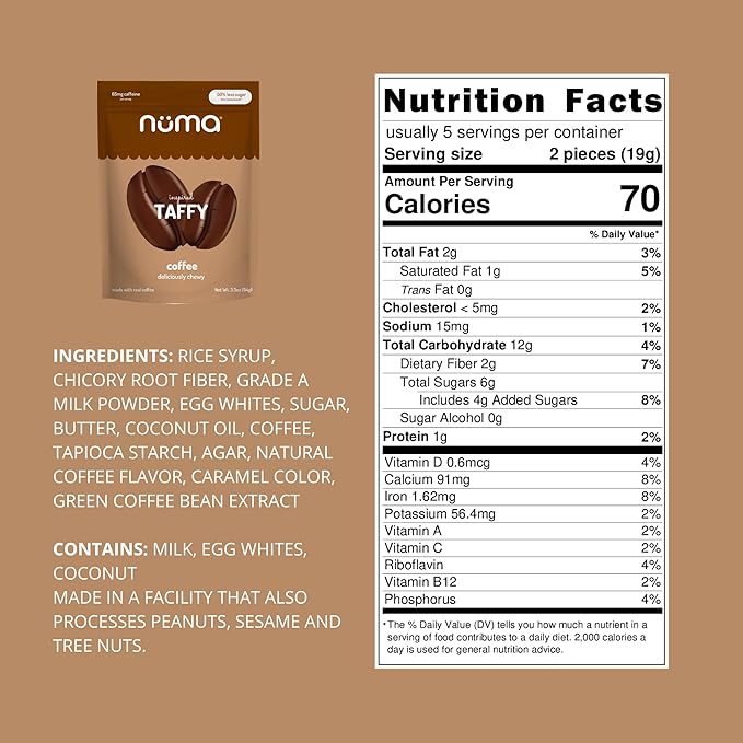 Numa Foods Coffee Chews - Caffeinated Taffy Candy, Low Sugar, High Protein, Low Calorie, All Natural & Gluten Free Candy with Caffeine - 3 Bags with 10 Coffee Candies Individually Wrapped