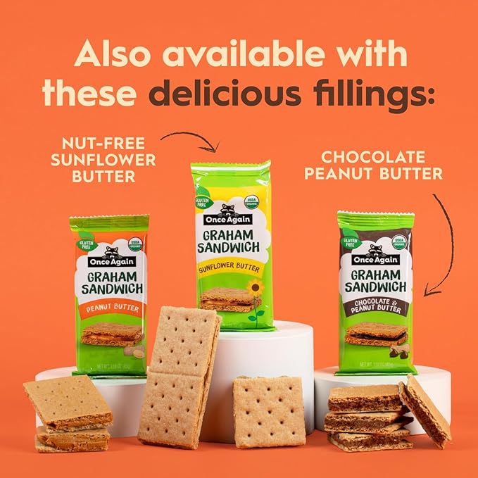 Once Again Peanut Butter Crackers Graham Sandwiches - Gluten Free Graham Crackers with Organic Peanut Butter Filling - Vegan, Organic Snacks for Kids - Lunch Snacks Individually Wrapped, 24 Count