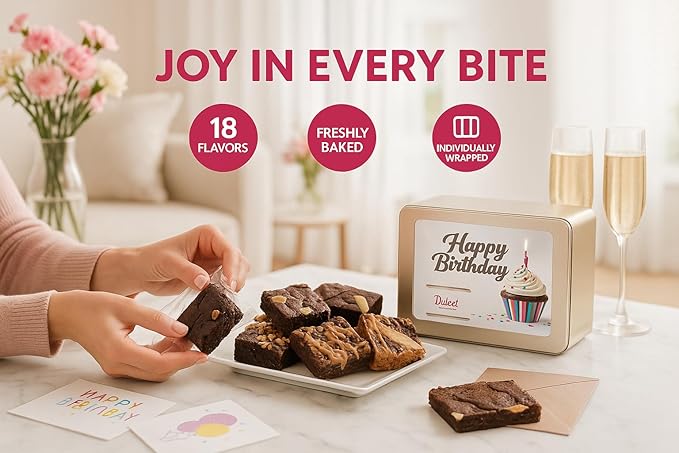 Birthday Gift Basket for Women - 18 Individually Wrapped Brownies Freshly Baked in a Variety of Flavors - Dulcet's Signature Flavored Fudge Brownies - Gift Box Comes with Happy Birthday Card