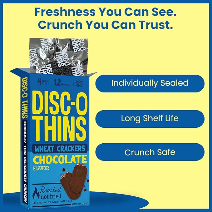 Disc-O Thins Whole Wheat Crackers - Crunchy Roasted Snack, High-Fiber & Low-Fat On-the-go Snack Chips, 72 pcs (Chocolate) - Healthy Family Travel Snack, Non-GMO - Great with Coffee, Tea or Fruit Dips