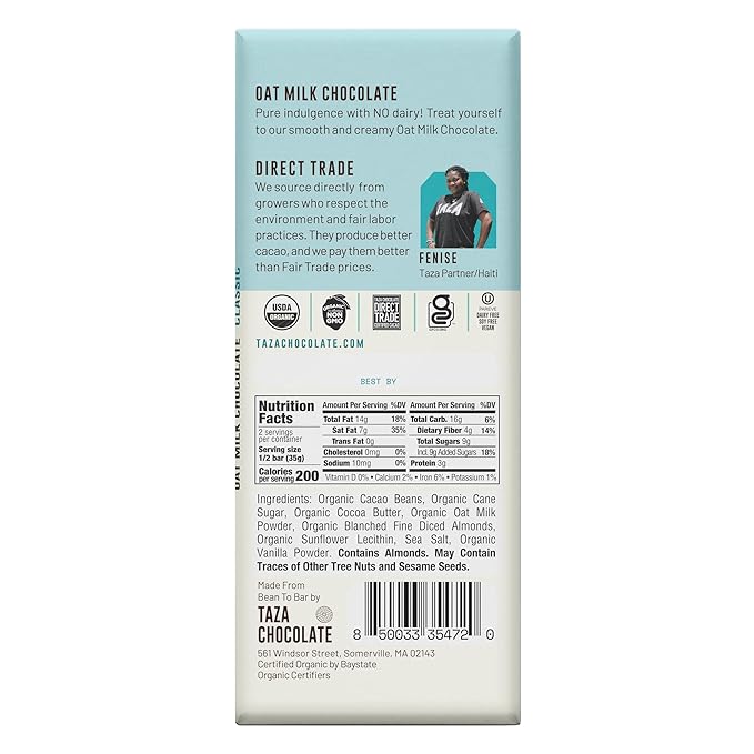 Taza Chocolate Organic Oat Milk Chocolate Bar, Classic, 2.5 Ounce (10 Count), Vegan