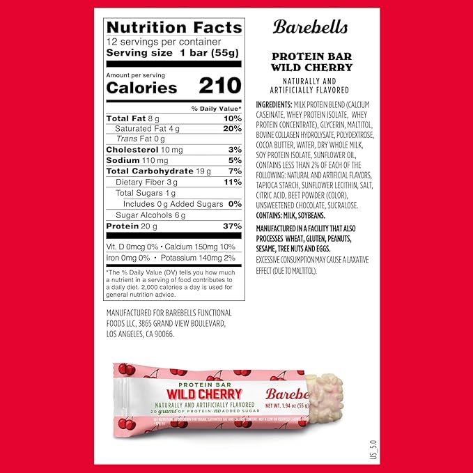 Barebells Protein Bars Wild Cherry - 24 bars (2 Packs of 12) - 1.9oz Bars - Protein Snacks with 20g of High Protein - White Chocolate Protein Bar with 1g of Total Sugars - On The Go Protein Snack & Breakfast Bars