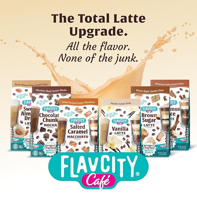 FlavCity Café Sweet Almond Latte - Flavored Instant Coffee Powder Mix with Grass-Fed Whole Milk & Real Almond - Instant Latte Made from Real Ingredients - All In One, Just Add Water (20 Servings)