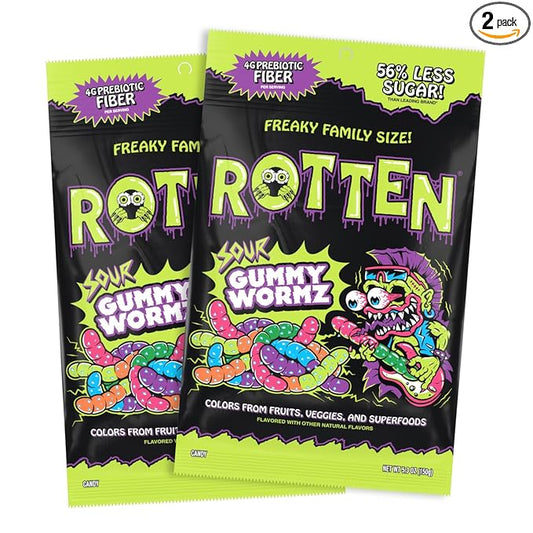 Rotten Sour Gummy Worms - Low Sugar, Low Calorie, 7g Gut-Friendly Prebiotic Fiber and 3g Protein, Gluten Free Candy - 5.3 oz Share Pack [2 Pack]
