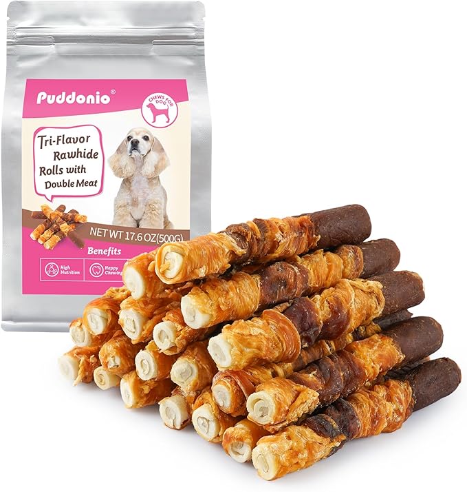 Puddonio Dog Treats, Triple Flavor 6 Inch Rawhide Rolls, Chicken Duck and Chicken Liver Wrapped Rawhide Dog Chews, Suitable for Medium Dogs, 35.3 oz