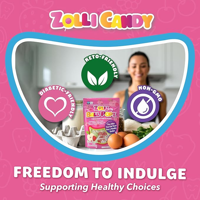 Zolli Ball Popz Clean Teeth Sugar Free Candy - Dye-Free, Keto & Diabetic-Friendly, Dentist-Approved Treats for Kids (Green Apple & Strawberry, 5.2 oz)
