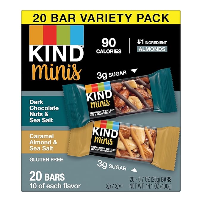 KIND Minis Snack Bars, Dark Chocolate Nuts & Sea Salt and Caramel Almond & Sea Salt, 3g Sugar, Gluten Free Bars, Variety Pack, 0.7 OZ, (20 Count)