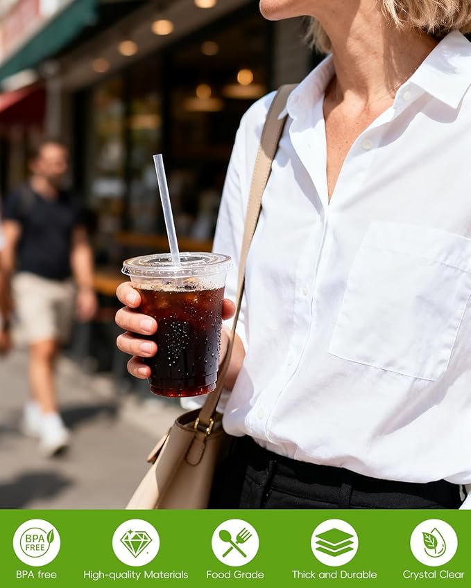 Goodluck 100 Pack 20oz Plastic Cups with Lids and Straws, Clear Disposable Iced Coffee Cups, Food Safe Cold Drink Cups for Bubble Tea, Smoothies & Shakes, BPA Free