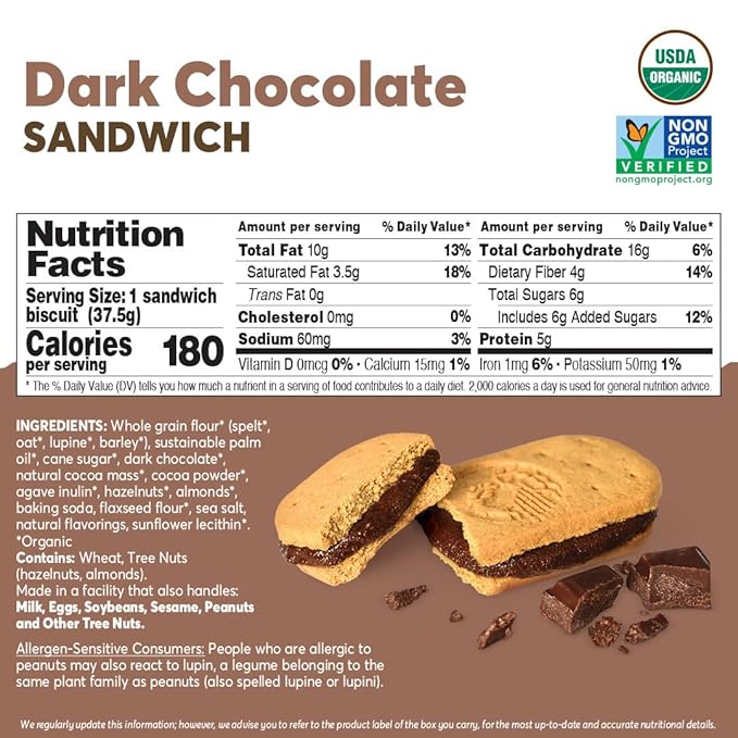 Olyra Dark Chocolate Sandwich Breakfast Biscuits, Healthy Snacks for Adults and Kids, Low Sugar, High Fiber, Vegan Organic Cookies, with Ancient Greek Grains, USDA Certified Organic, Non GMO, 12 Packs