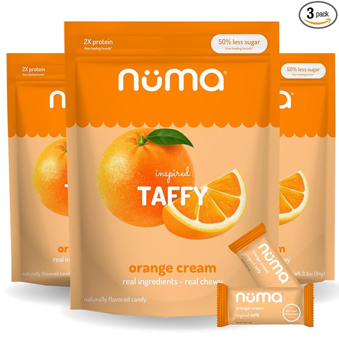 Numa Taffy Candy – Orange Cream Made with Real & Simple Ingredients – Low Sugar, High Protein, Low Calorie, All Natural & Gluten Free Nutritious Taffy – 3 bags with 10 Individually Wrapped Chews Each