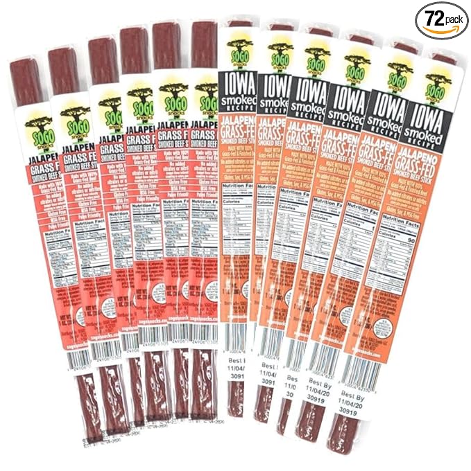 Jalapeño Variety, Sogo Snacks, No Sugar, 100% Grass-fed, Non-GMO Beef Sticks. No Nitrates, Gluten, Soy, MSG, Dairy or Nuts. Keto, Whole30, Paleo Friendly (36 Jalapeño, 36 IASM Jalapeño, 1-oz, 72-cnt)