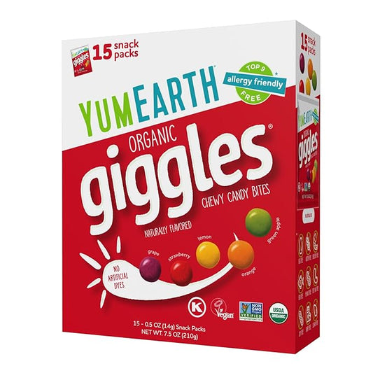 YumEarth Organic Giggles Chewy Candy – Allergy Friendly, No Artificial Dyes, Non GMO, Gluten Free, Fruit Flavored, Vegan Candy Snacks 0.5 oz (Box of 15)