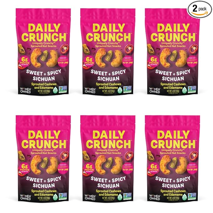 Daily Crunch Sprouted Cashews and Dehydrated nuts for a Unique Crunch, Keto Friendly, Non-GMO Zero Seed Oils, Gluten Free 4oz (6 Pack, Sichuan)